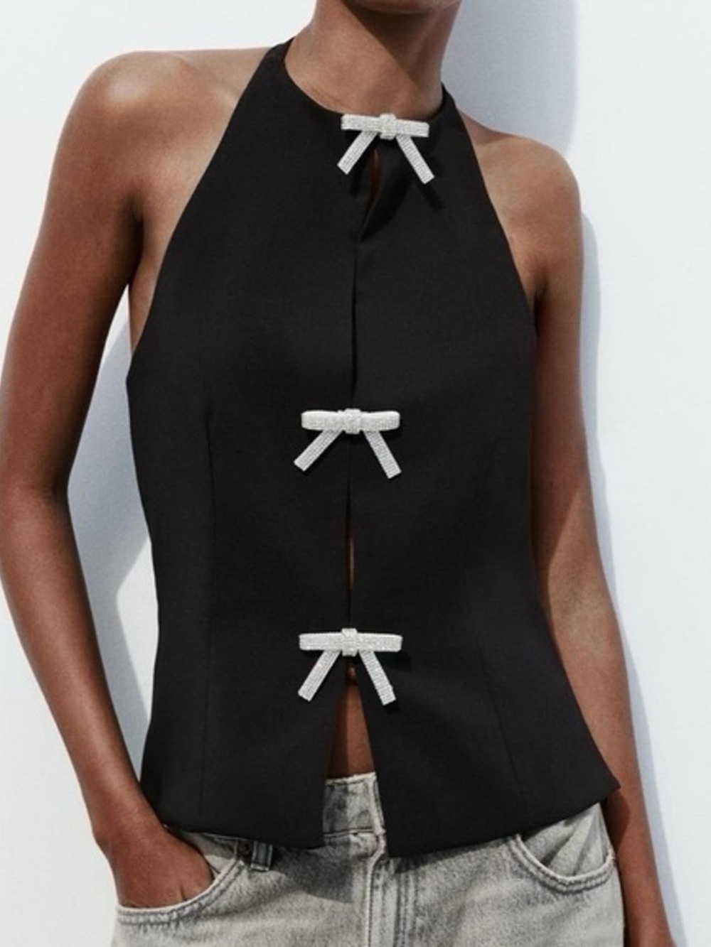 Zara Black Halter Camisole with Rhinestone Bow Details